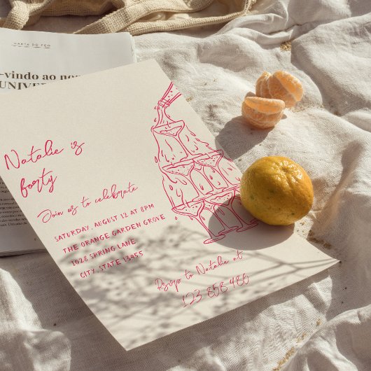 Roze Hand getrokken Champagne Toren 40e verjaardag Kaart