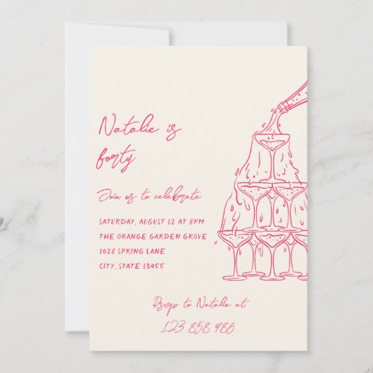 Roze Hand getrokken Champagne Toren 40e verjaardag Kaart (Voorkant)