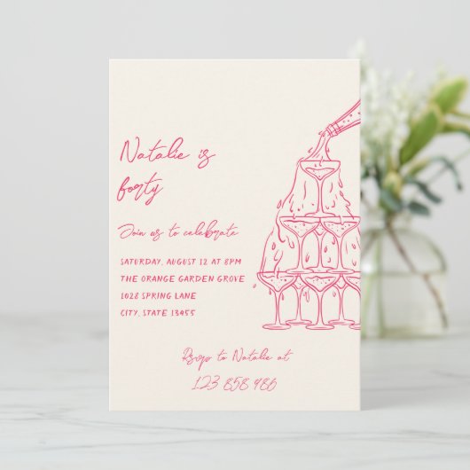 Roze Hand getrokken Champagne Toren 40e verjaardag Kaart (Staand voorkant)