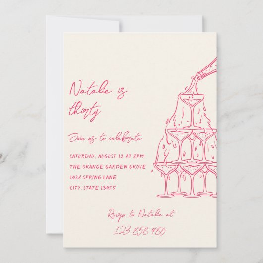 Roze Hand getrokken Champagne Toren Dertig Verjaar Kaart (Voorkant)