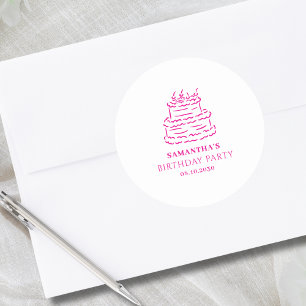 Roze Hand Getrokken Doodle Cake Verjaardag Ronde Sticker