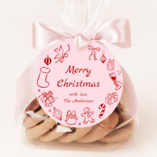 Roze Hand getrokken Doodle Kerstcadeau Label Vakan