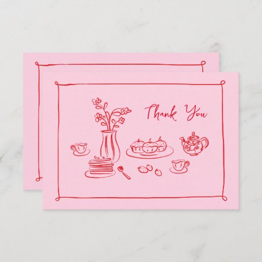 Roze Hand-getrokken Doodles Bruids Brunch Dank u Bedankkaart (Voorkant / Achterkant)