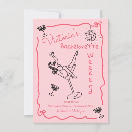 Roze Hand getrokken Funky Bachelorette Weekend Kaart (Voorkant)