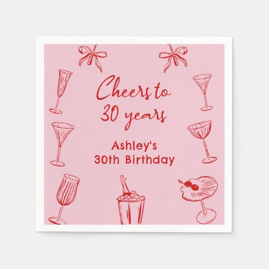 Roze Hand getrokken Funky Cocktail Verjaardag Serv Servet (Voorkant)