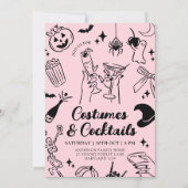 Roze Hand getrokken Halloween Kostuum Party Uitnod Kaart (Voorkant)