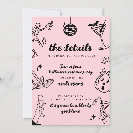 Roze Hand getrokken Halloween Kostuum Party Uitnod Kaart