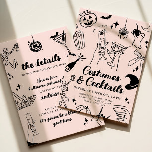 Roze Hand getrokken Halloween Kostuum Party Uitnod Kaart