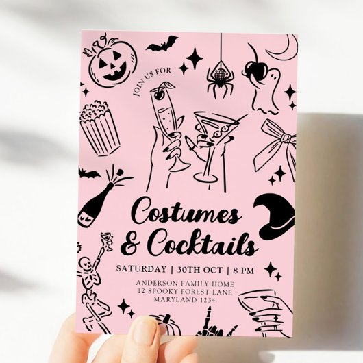 Roze Hand getrokken Halloween Kostuum Party Uitnod Kaart