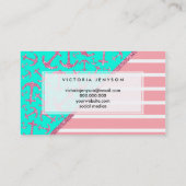 Roze handantieke anchors Turquoise Stripes Visitekaartje (Achterkant)
