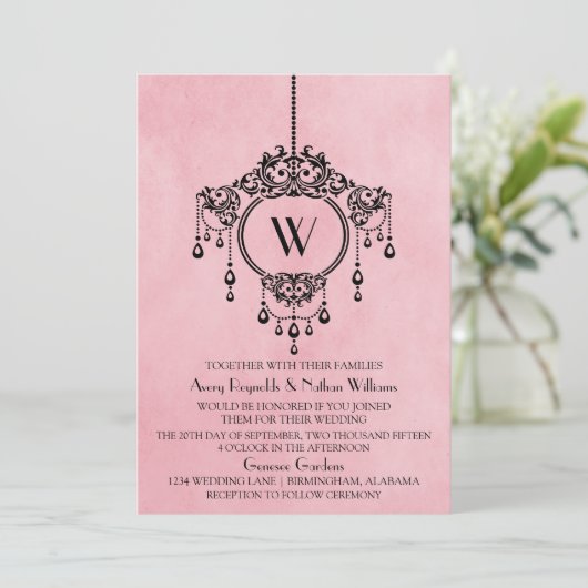 Roze  handelier Wedding Invite Kaart (Staand voorkant)