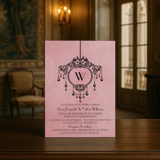 Roze  handelier Wedding Invite Kaart