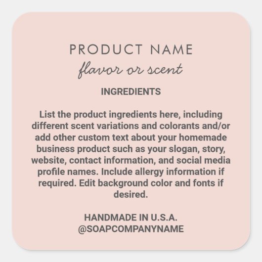 Roze handgemaakte lijst met ingrediënten van het p vierkante sticker (Voorkant)