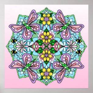 Roze handgemaakte vlinder, bloemen Mandala Poster