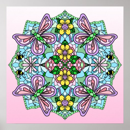 Roze handgemaakte vlinder, bloemen Mandala Poster (Voorkant)