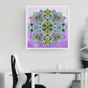 Roze handgemaakte vlinder, bloemen Mandala Poster