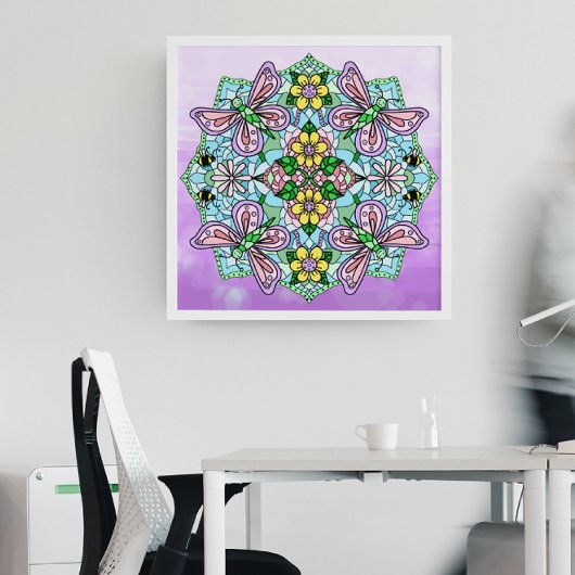 Roze handgemaakte vlinder, bloemen Mandala Poster
