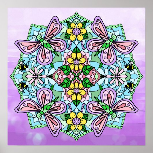 Roze handgemaakte vlinder, bloemen Mandala Poster (Voorkant)