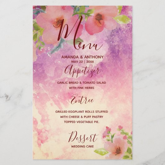 Roze handgemaakte watercolor bloem bruiloftsmenu f flyer (Voorkant)