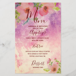 Roze handgemaakte waterverf floral bruiloft menu f