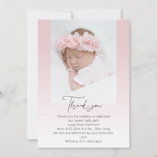 Roze handgeschreven kalligrafie Foto Baby shower Bedankkaart (Voorkant)