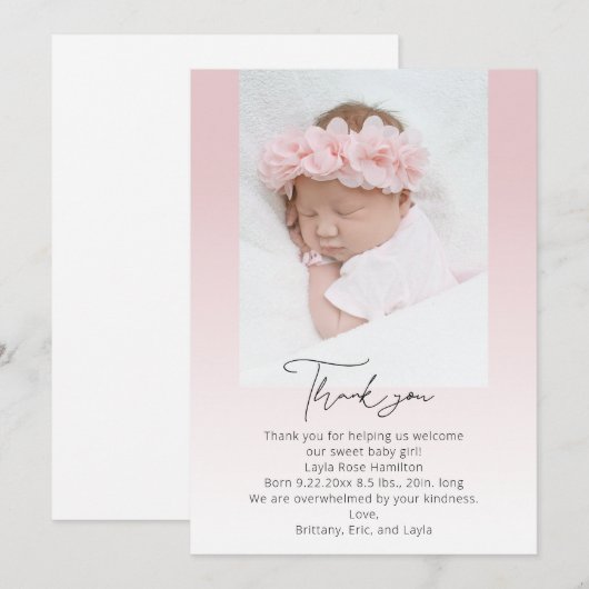 Roze handgeschreven kalligrafie Foto Baby shower Bedankkaart (Voorkant / Achterkant)