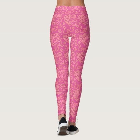 roze handgetekend hartpatroon leggings (Achterkant)