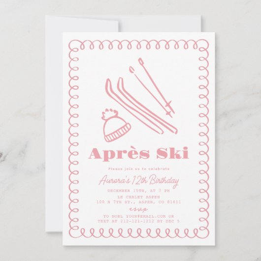 Roze handgetekende après ski winterverjaardag kaart (Voorkant)