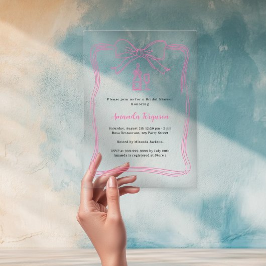 Roze handgetekende boog prosecco helder Vrijgezell Acryl Uitnodigingen
