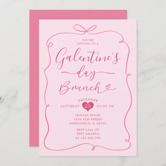 Roze handgetekende Conquette Galentine's Day Brunc Kaart (Voorkant / Achterkant)