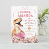 Roze Handgetekende Dinosaurus Drie-Rex Bloemen Ver Kaart (Staand voorkant)