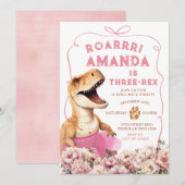 Roze Handgetekende Dinosaurus Drie-Rex Bloemen Ver Kaart (Voorkant / Achterkant)