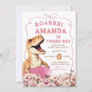 Roze Handgetekende Dinosaurus Drie-Rex Bloemen Ver Kaart