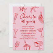 Roze handgetekende funky 40ste verjaardagsfeestje kaart (Voorkant)