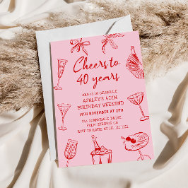 Roze handgetekende funky 40ste verjaardagsfeestje kaart