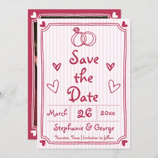 Roze handgetekende krabbel doodle grillige foto sa save the date (Voorkant / Achterkant)