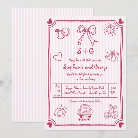 Roze handgetekende krabbel doodle, strepen bruilof kaart (Voorkant / Achterkant)