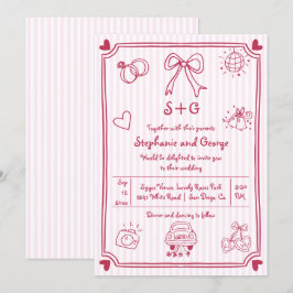 Roze handgetekende krabbel doodle, strepen bruilof kaart