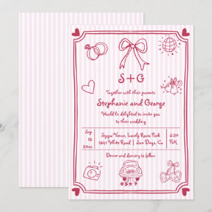 Roze handgetekende krabbel doodle, strepen bruilof kaart