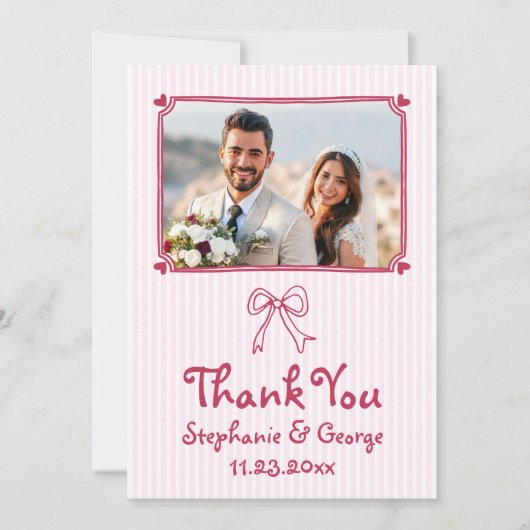 Roze handgetekende krabbel grillige foto bruiloft bedankkaart (Voorkant)