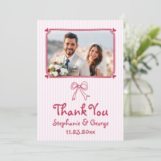 Roze handgetekende krabbel grillige foto bruiloft bedankkaart (Staand voorkant)