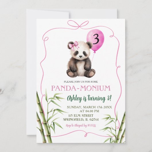 Roze handgetekende meisje panda met boog verjaarda kaart (Voorkant)