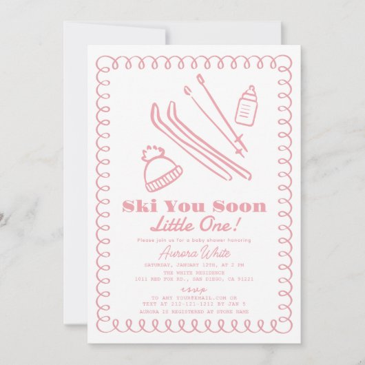Roze handgetekende Ski Girl Baby shower Kaart (Voorkant)