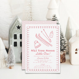 Roze handgetekende Ski Girl Baby shower Kaart