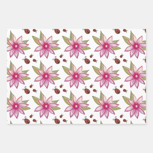 Roze handgetekende Spring Flower Ladybugs Inpakpapier Vel (Voorkant)