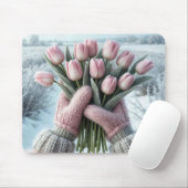 Roze handschoenen met een tulpenboeket muismat (Met muis)