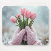 Roze handschoenen met tulpenbos muismat (Voorkant)