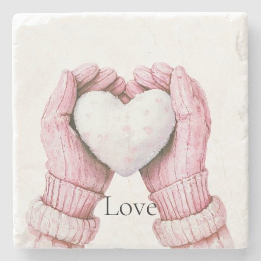 Roze handschoenen Witte Hart Liefde Stenen Onderzetter (Voorkant)