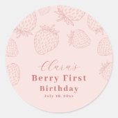 Roze Handtekening Aardbei Eerste Verjaardag Ronde Sticker (Voorkant)