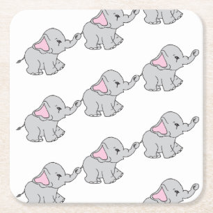 Roze handtekening Elephant Pattern Cartoon Kartonnen Onderzetters